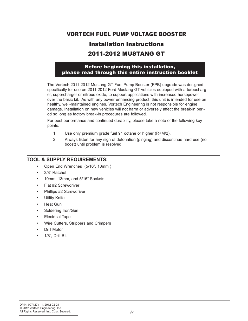 Vortech Maxflo Fuel Pump Booster (FPB) for 2011-2012 Mustang User Manual | Page 4 / 19