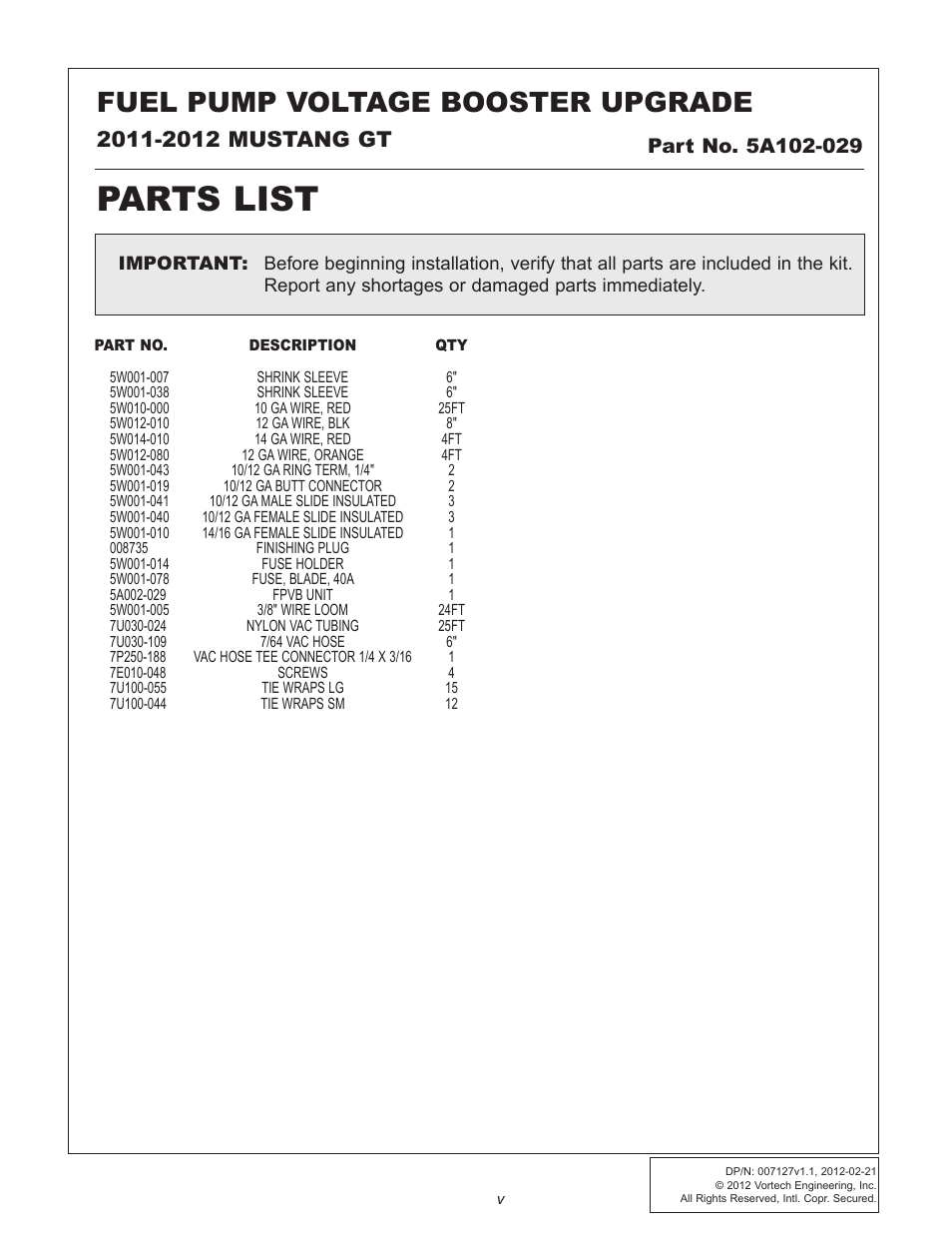 Parts list, Fuel pump voltage booster upgrade | Vortech Maxflo Fuel Pump Booster (FPB) for 2011-2012 Mustang User Manual | Page 5 / 19