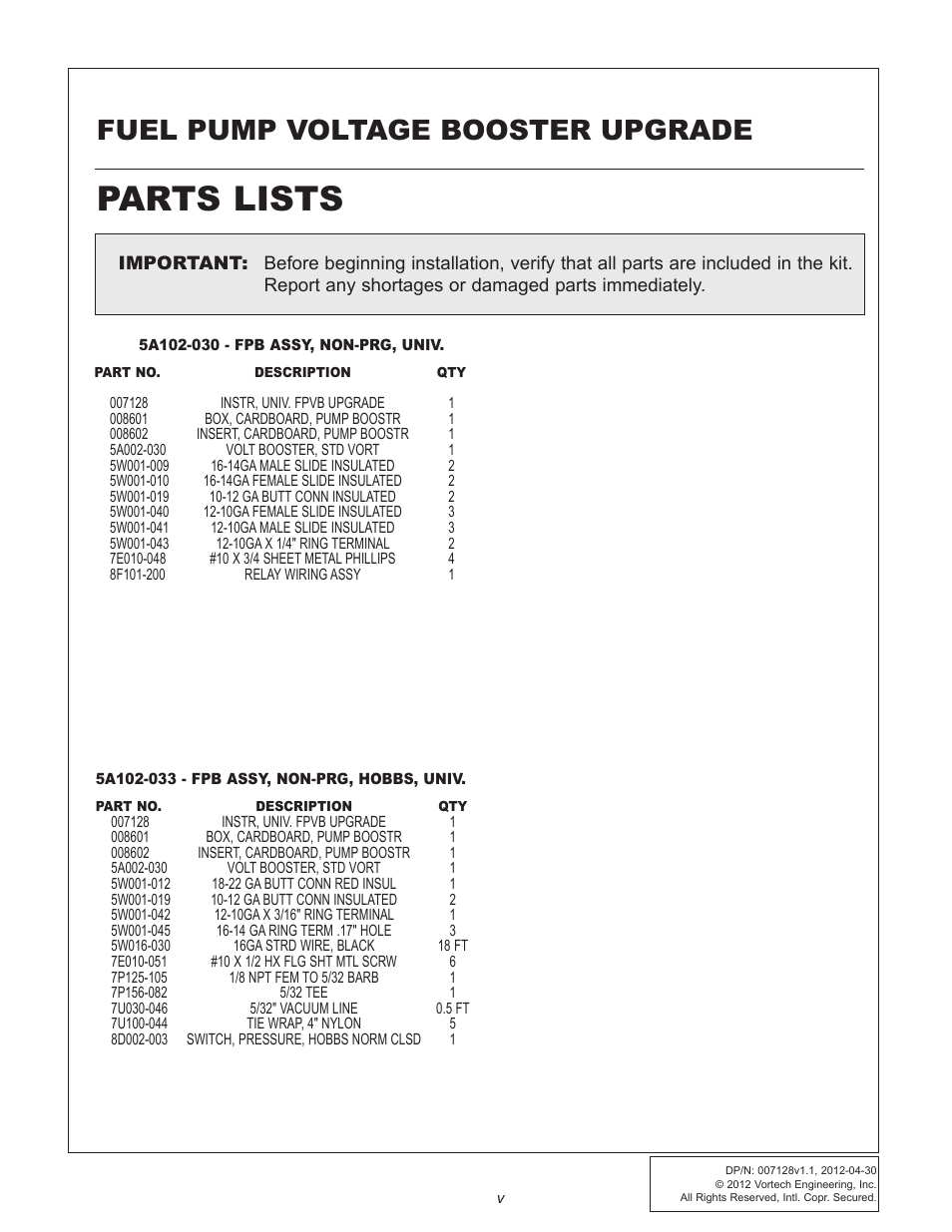 Parts lists, Fuel pump voltage booster upgrade | Vortech Maxflo Fuel Pump Booster (FPB) - "Universal Fit" User Manual | Page 5 / 13