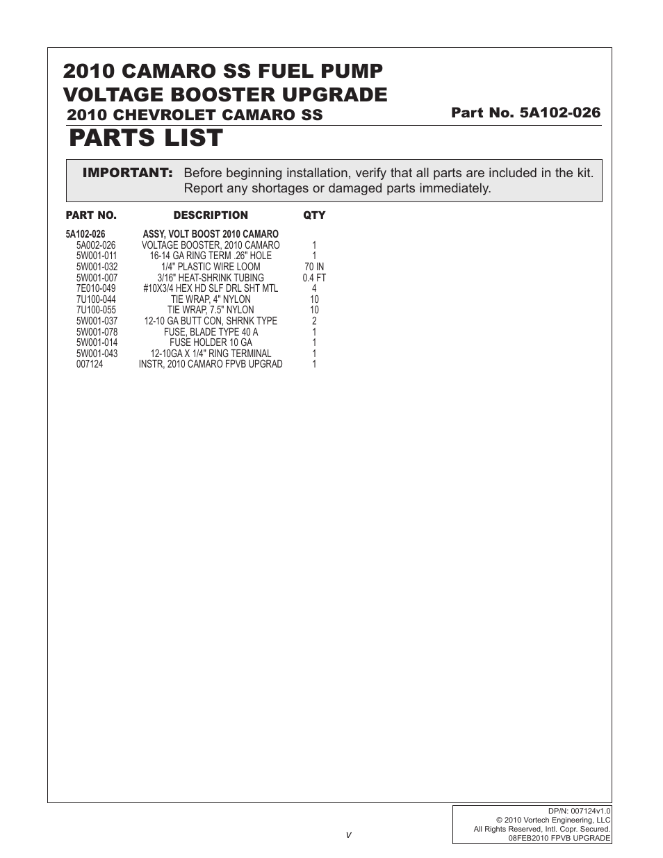 Parts list, 2010 camaro ss fuel pump voltage booster upgrade, 2010 chevrolet camaro ss | Vortech 2010+ Camaro Fuel Pump Voltage Booster User Manual | Page 5 / 20
