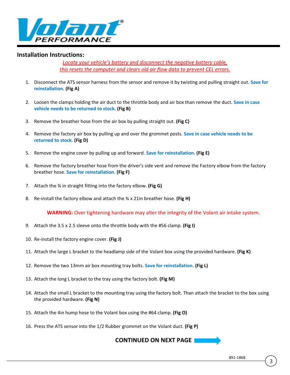 Installation instructions, Continued on next page | Volant Ram User Manual | Page 3 / 8