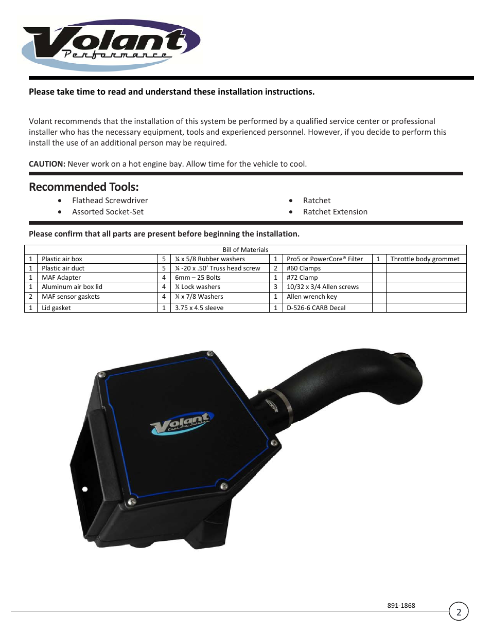 Recommended tools | Volant Avalanche 1500 User Manual | Page 2 / 10