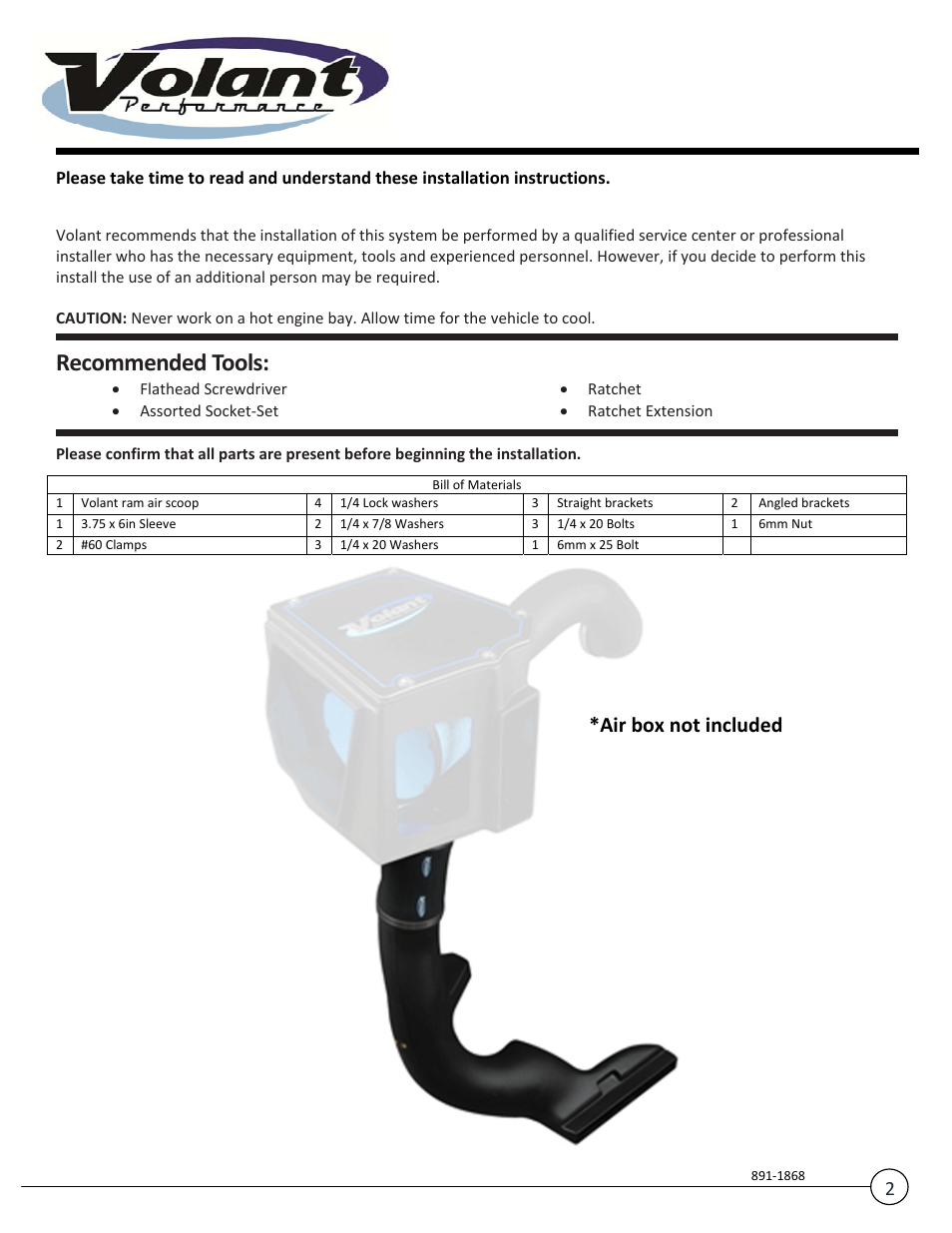 Recommended tools, Air box not included | Volant Sierra User Manual | Page 2 / 9
