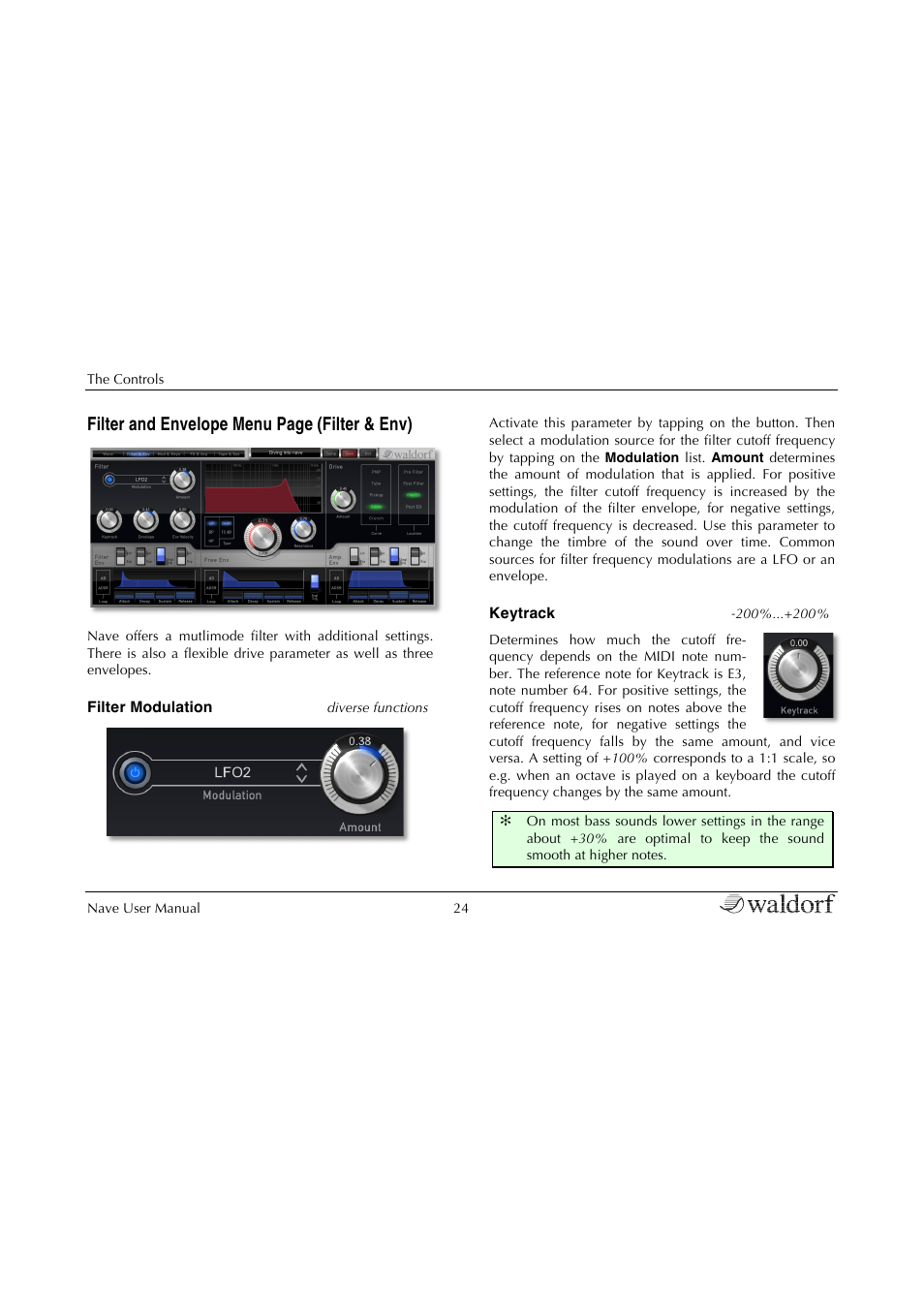 Filter and envelope menu page (filter & env) | Waldorf Nave User Manual | Page 24 / 72