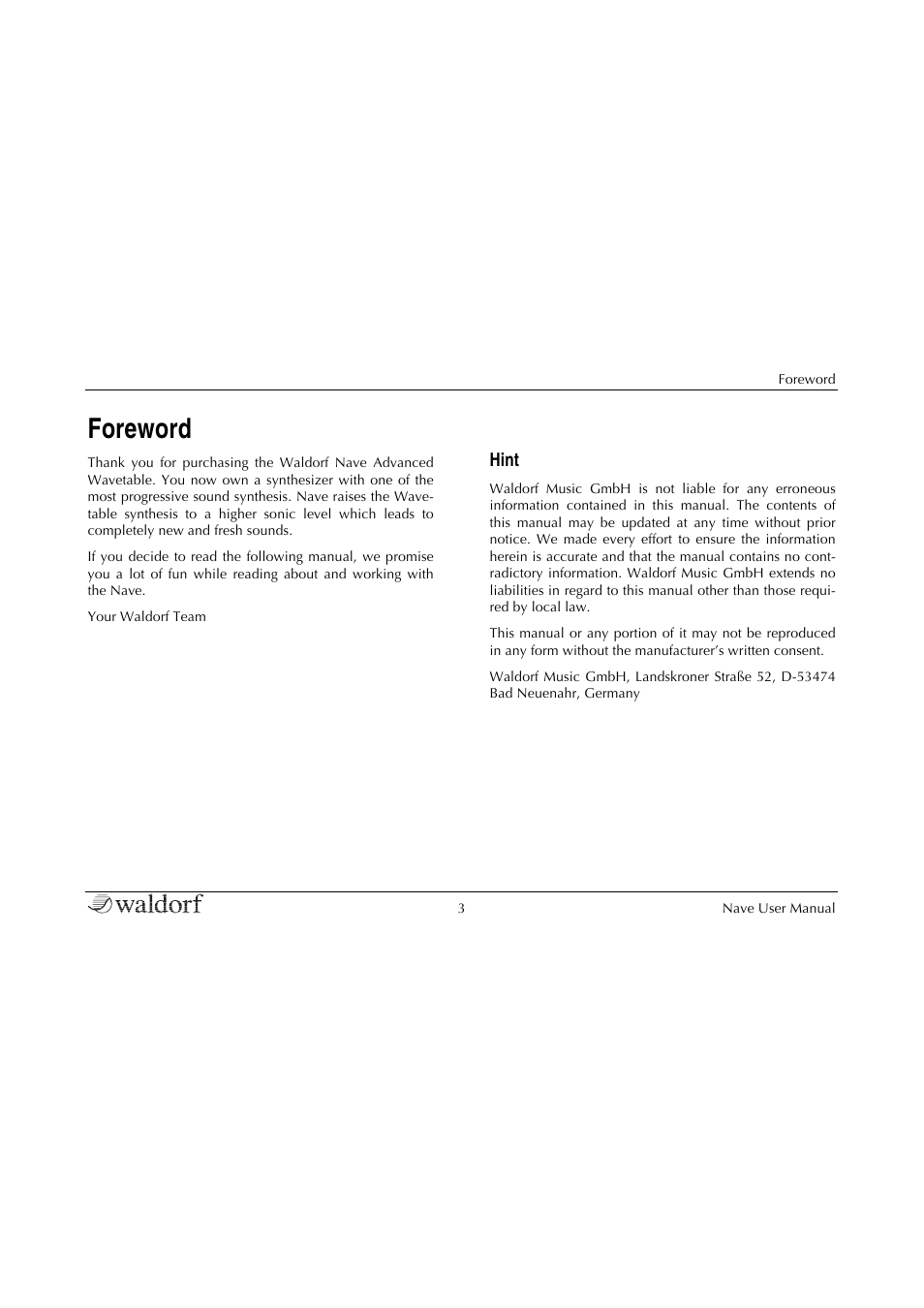 Foreword, Hint | Waldorf Nave User Manual | Page 3 / 72