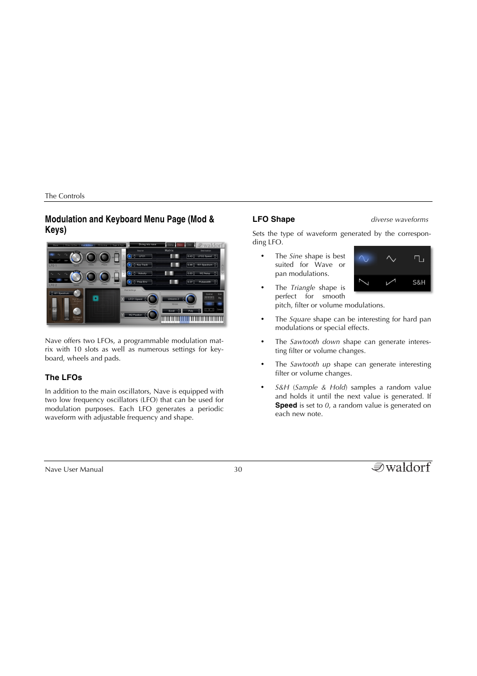 Modulation and keyboard menu page (mod & keys) | Waldorf Nave User Manual | Page 30 / 72