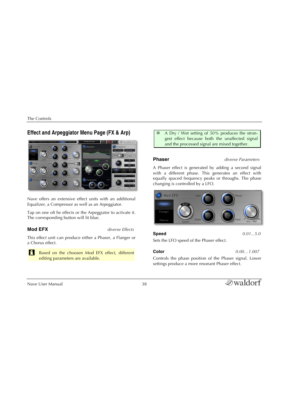 Effect and arpeggiator menu page (fx & arp) | Waldorf Nave User Manual | Page 38 / 72