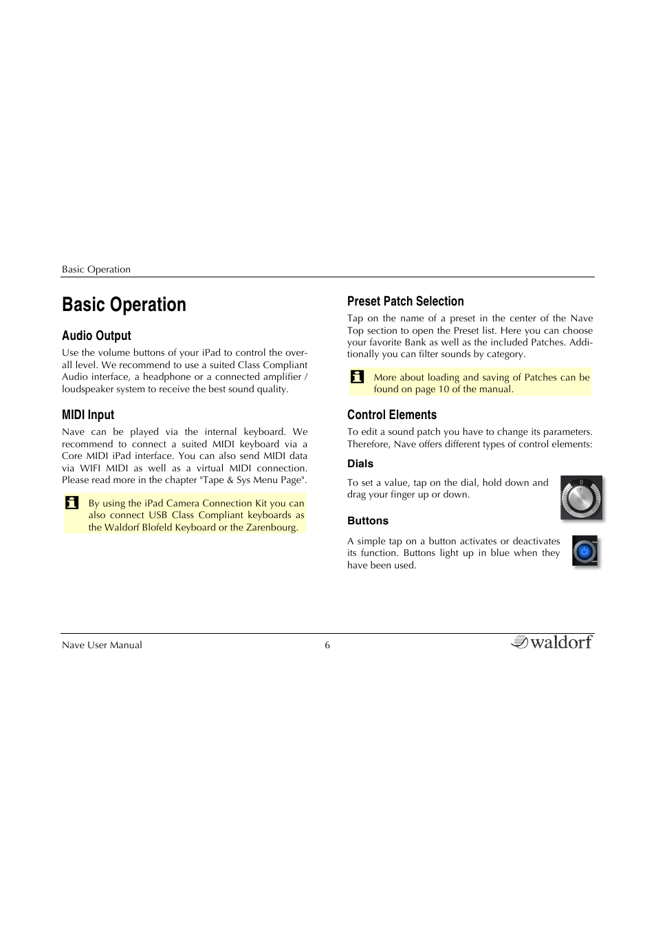 Audio output, Midi input, Preset patch selection | Control elements, Basic operation | Waldorf Nave User Manual | Page 6 / 72