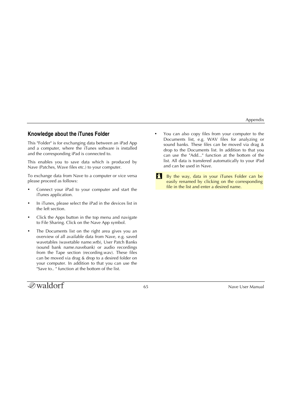 Knowledge about the itunes folder | Waldorf Nave User Manual | Page 65 / 72