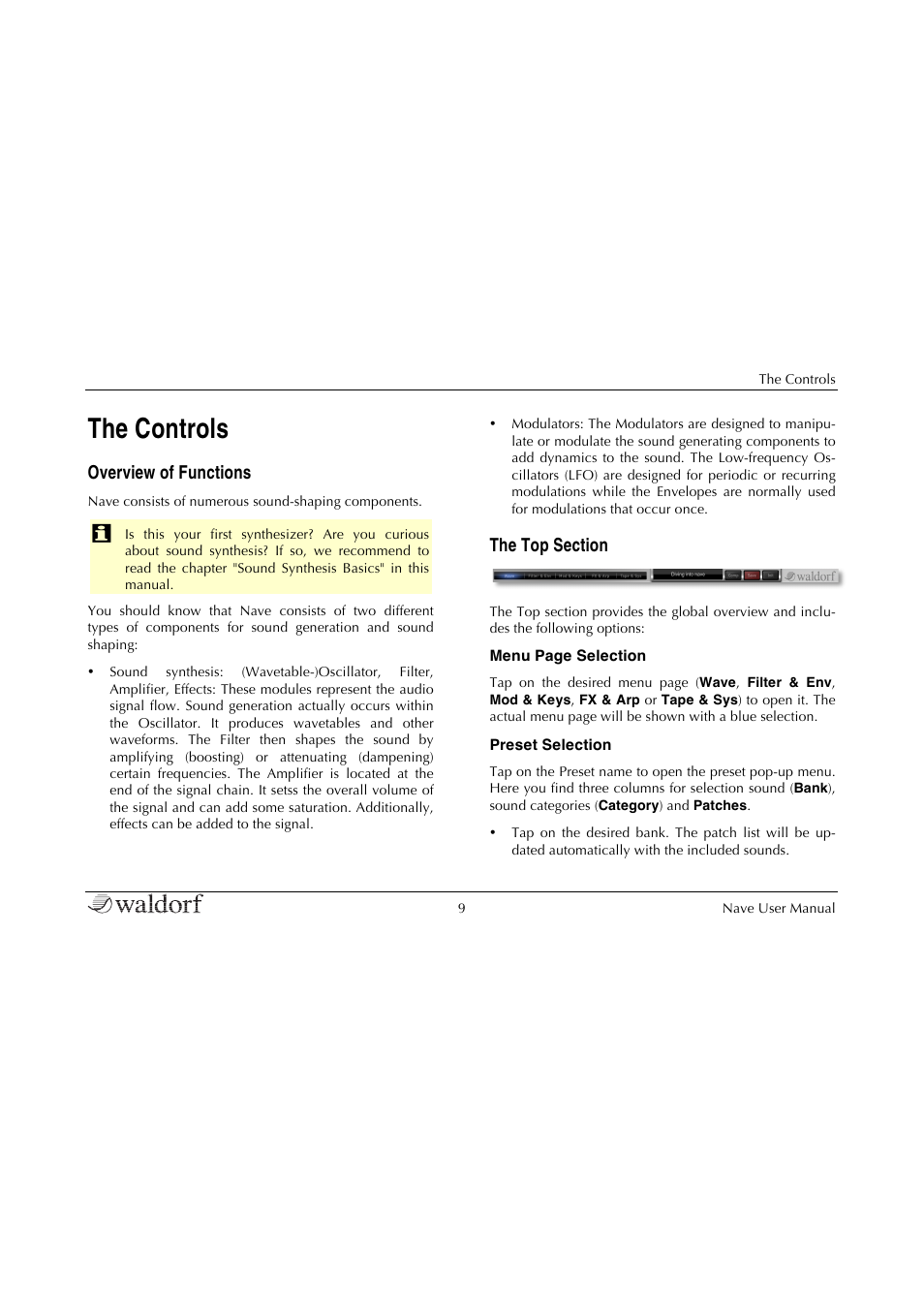 The controls, Overview of functions, The top section | Waldorf Nave User Manual | Page 9 / 72