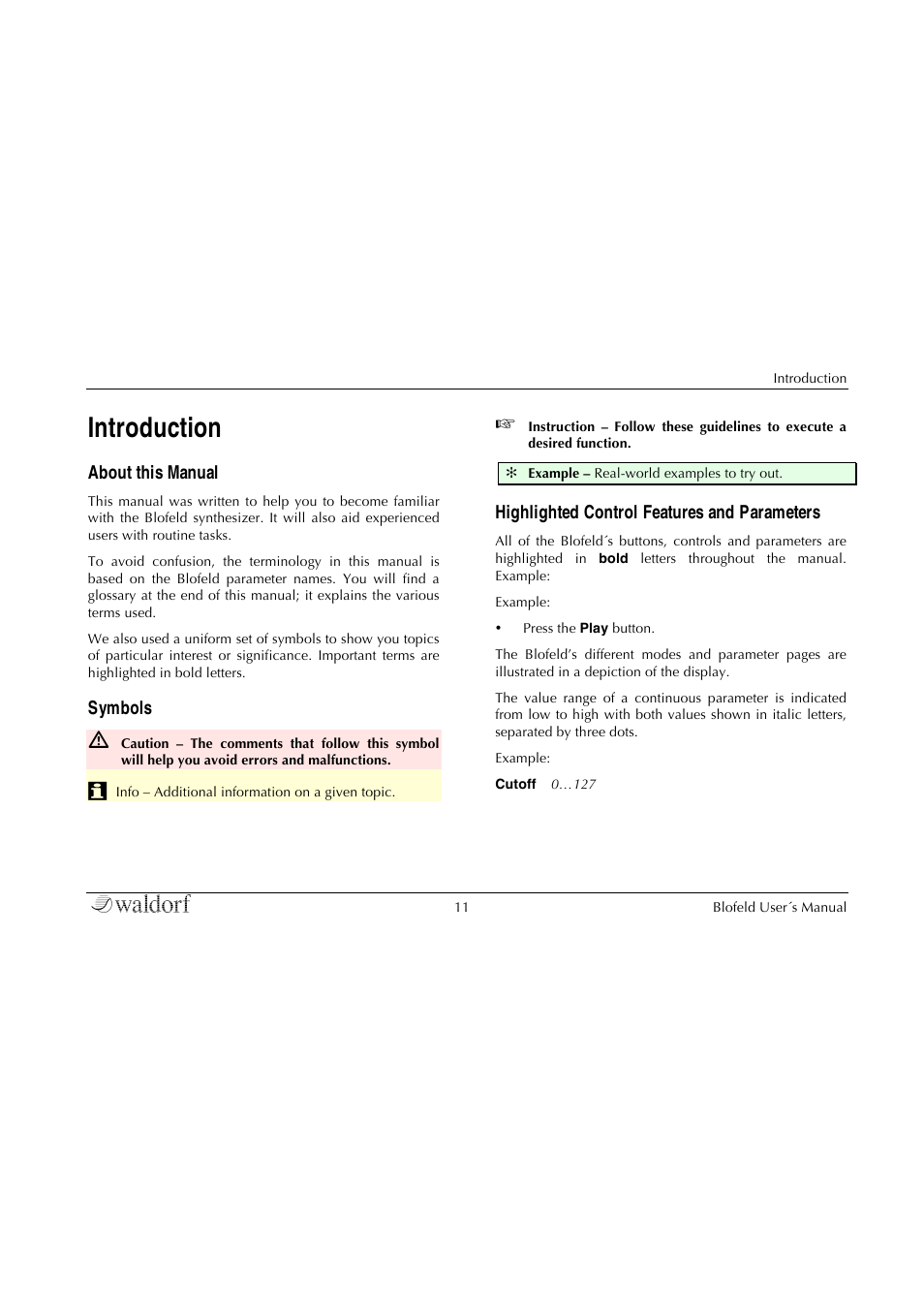 Introduction, About this manual, Symbols | Highlighted control features and parameters | Waldorf Blofeld Keyboard User Manual | Page 11 / 128