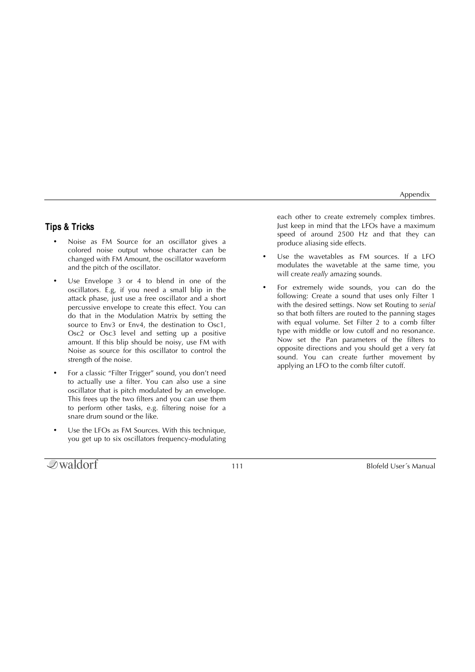 Tips & tricks | Waldorf Blofeld Keyboard User Manual | Page 111 / 128
