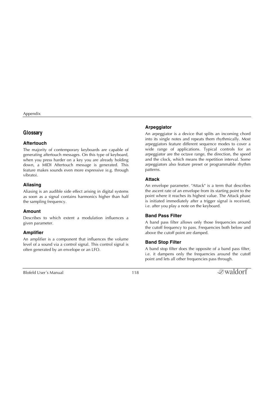 Glossary | Waldorf Blofeld Keyboard User Manual | Page 118 / 128