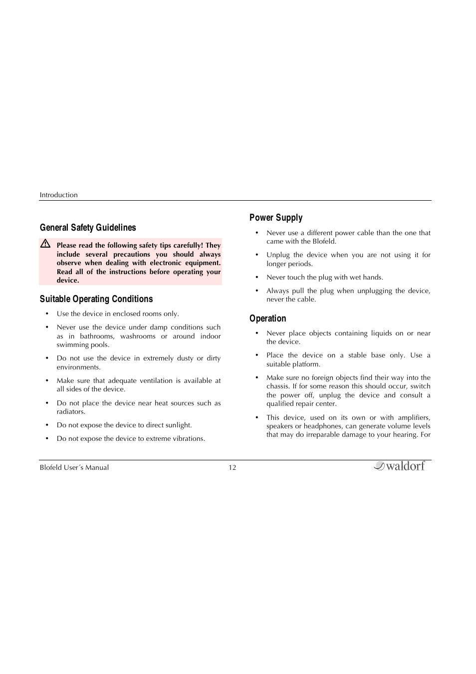 General safety guidelines, Suitable operating conditions, Power supply | Operation | Waldorf Blofeld Keyboard User Manual | Page 12 / 128