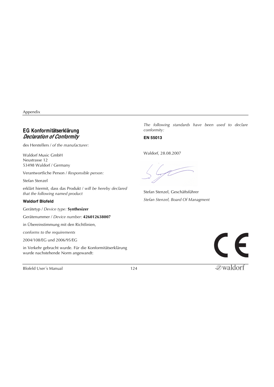 Declaration of conformity, Eg konformitätserklärung declaration of conformity | Waldorf Blofeld Keyboard User Manual | Page 124 / 128