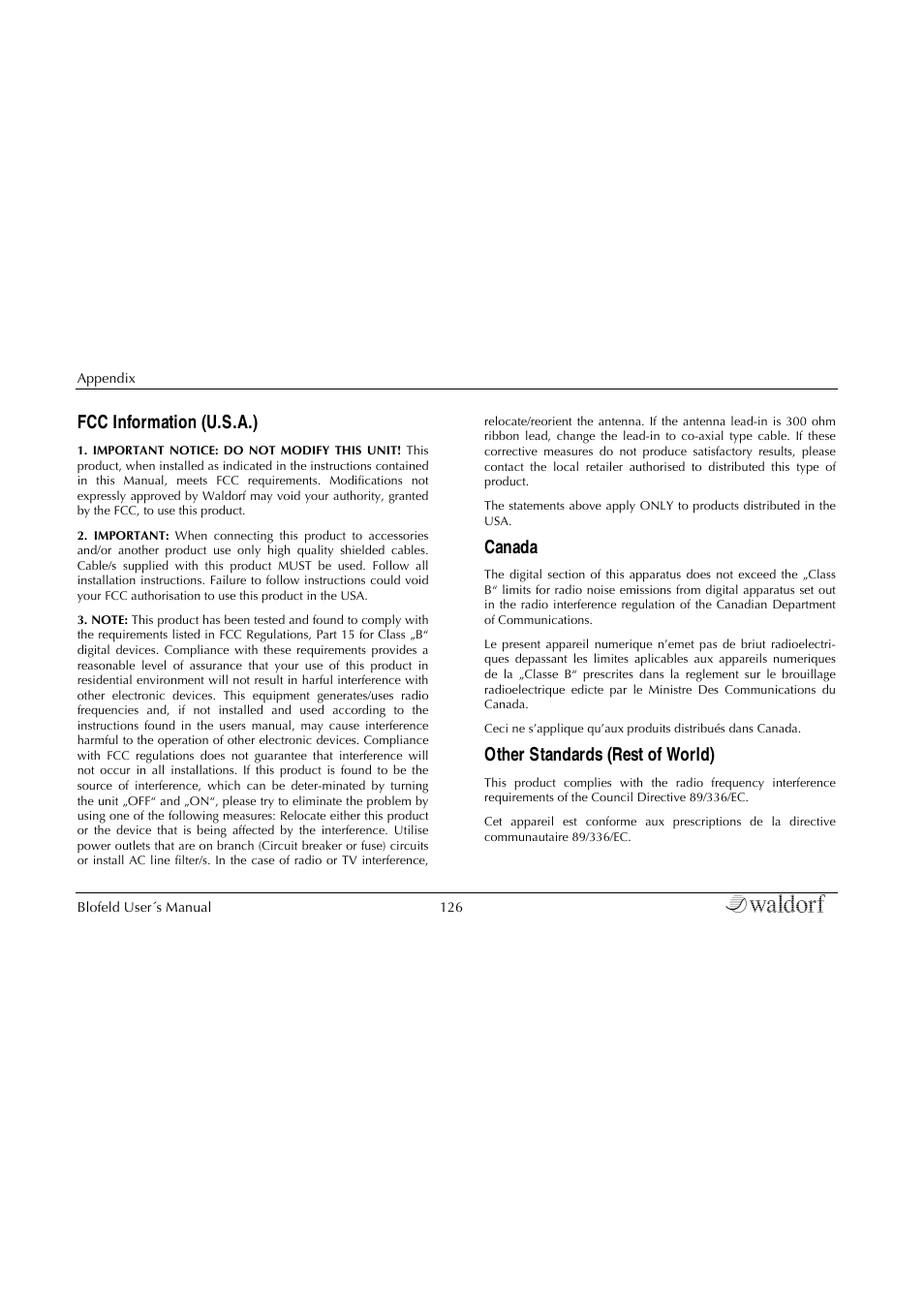 Fcc information, Fcc information (u.s.a.), Canada | Other standards (rest of world) | Waldorf Blofeld Keyboard User Manual | Page 126 / 128