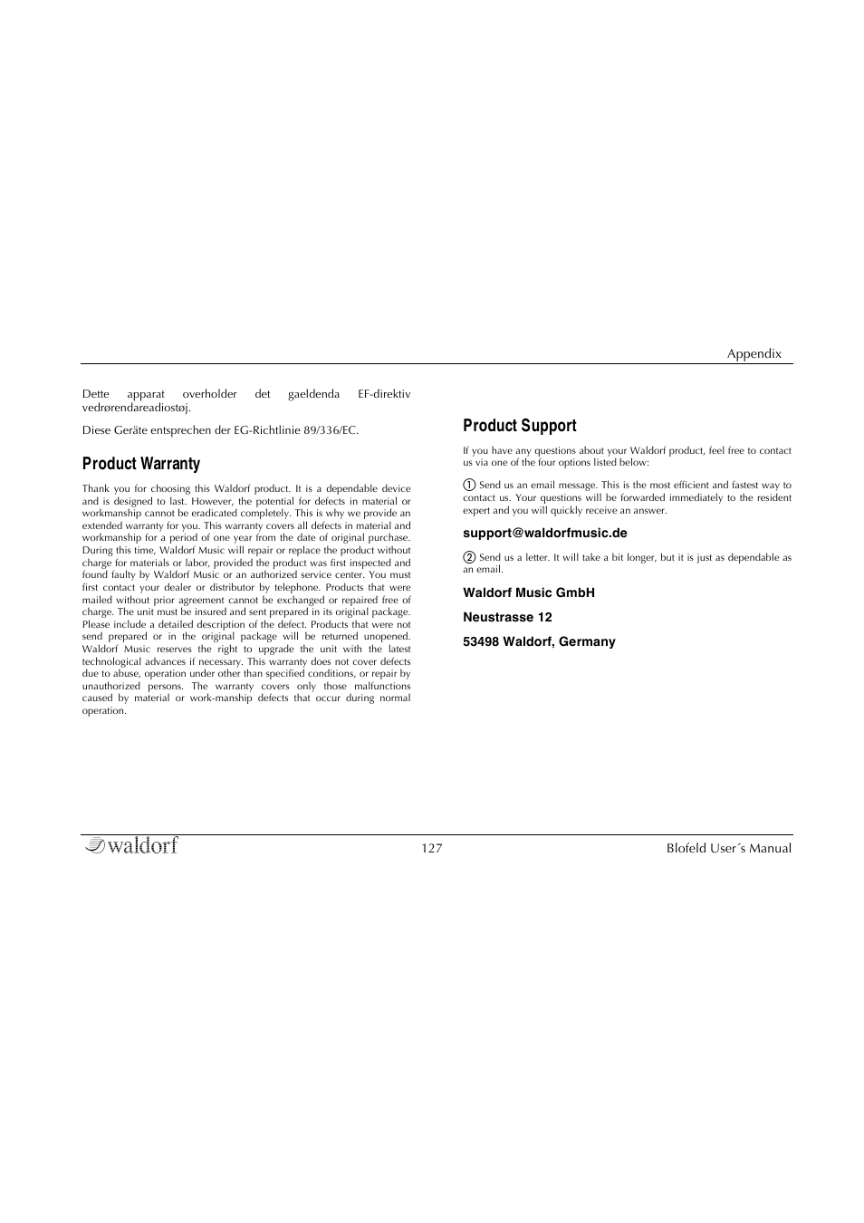 Product warranty, Product support | Waldorf Blofeld Keyboard User Manual | Page 127 / 128