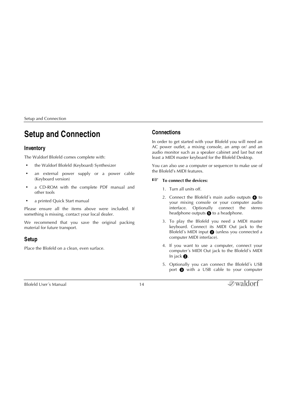 Setup and connection, Inventory, Setup | Connections | Waldorf Blofeld Keyboard User Manual | Page 14 / 128