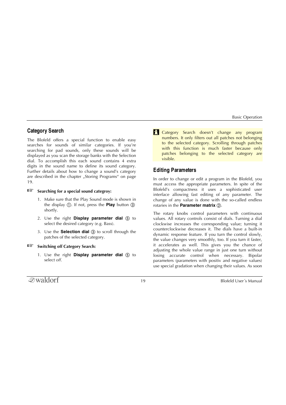 Category search, Editing parameters | Waldorf Blofeld Keyboard User Manual | Page 19 / 128