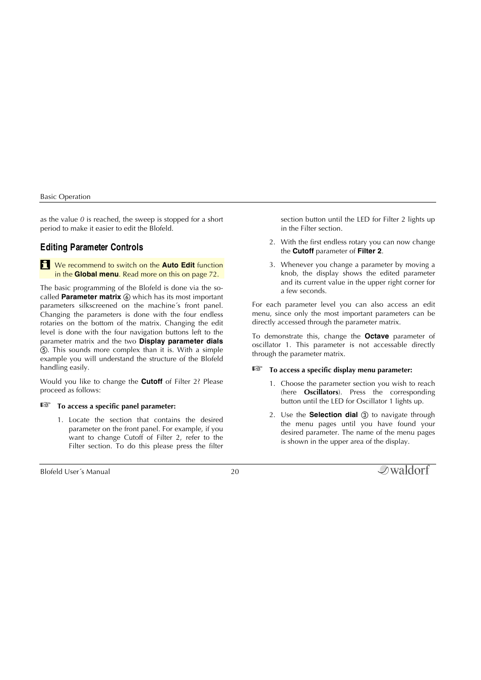 Editing parameter controls | Waldorf Blofeld Keyboard User Manual | Page 20 / 128