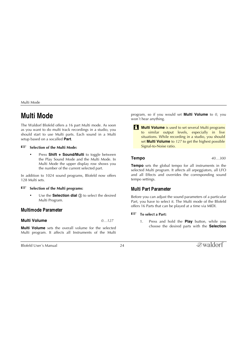 Multi mode, Multimode parameter, Multi part parameter | Waldorf Blofeld Keyboard User Manual | Page 24 / 128