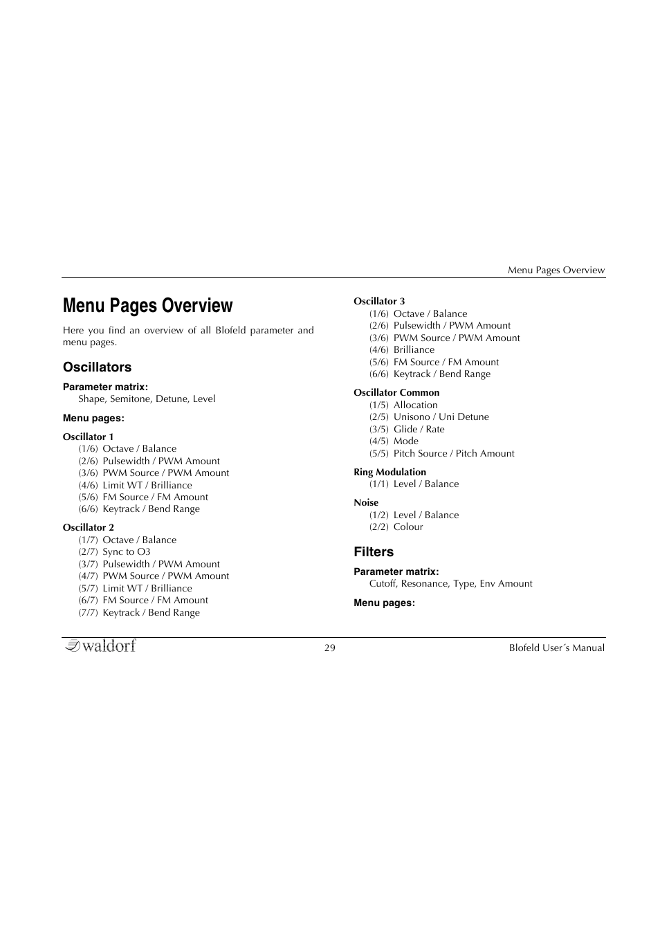 Menu pages overview, Oscillators, Filters | Waldorf Blofeld Keyboard User Manual | Page 29 / 128