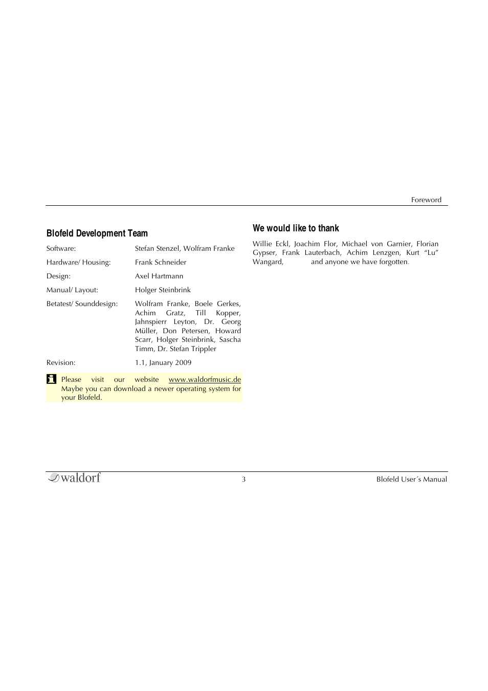 Blofeld development team | Waldorf Blofeld Keyboard User Manual | Page 3 / 128