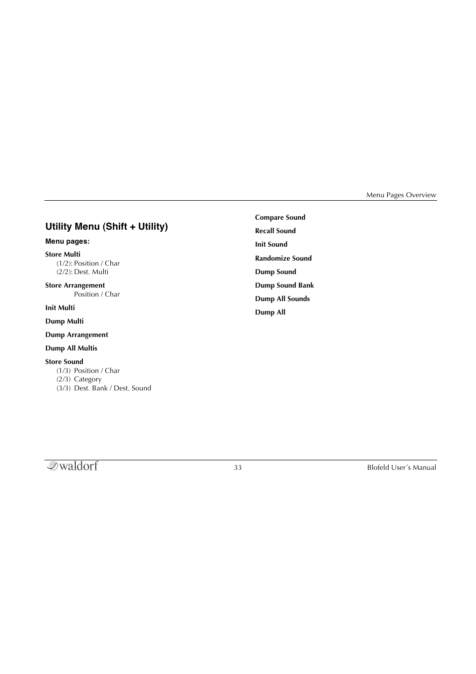 Utility menu (shift + utility) | Waldorf Blofeld Keyboard User Manual | Page 33 / 128