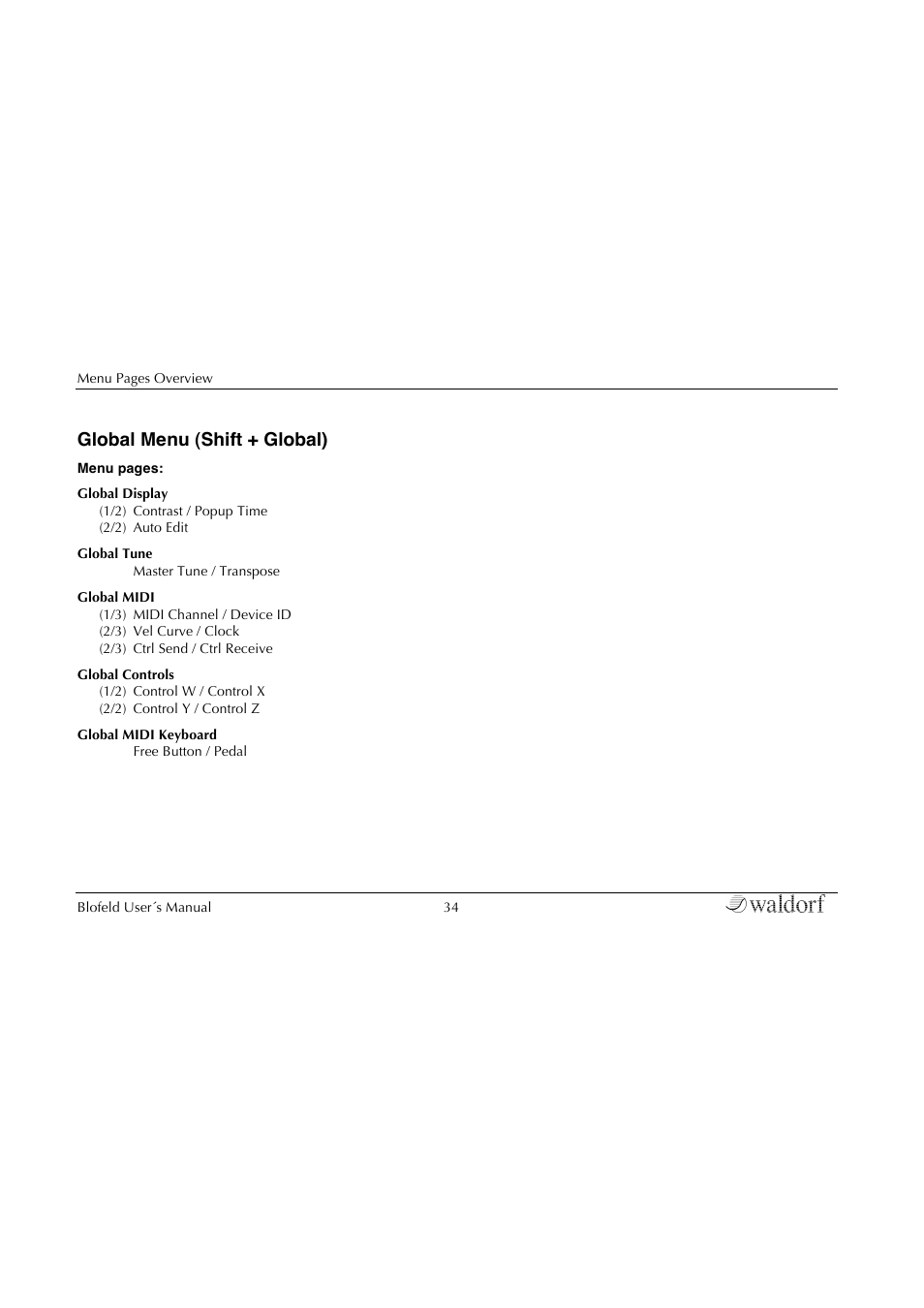 Global menu (shift + global) | Waldorf Blofeld Keyboard User Manual | Page 34 / 128