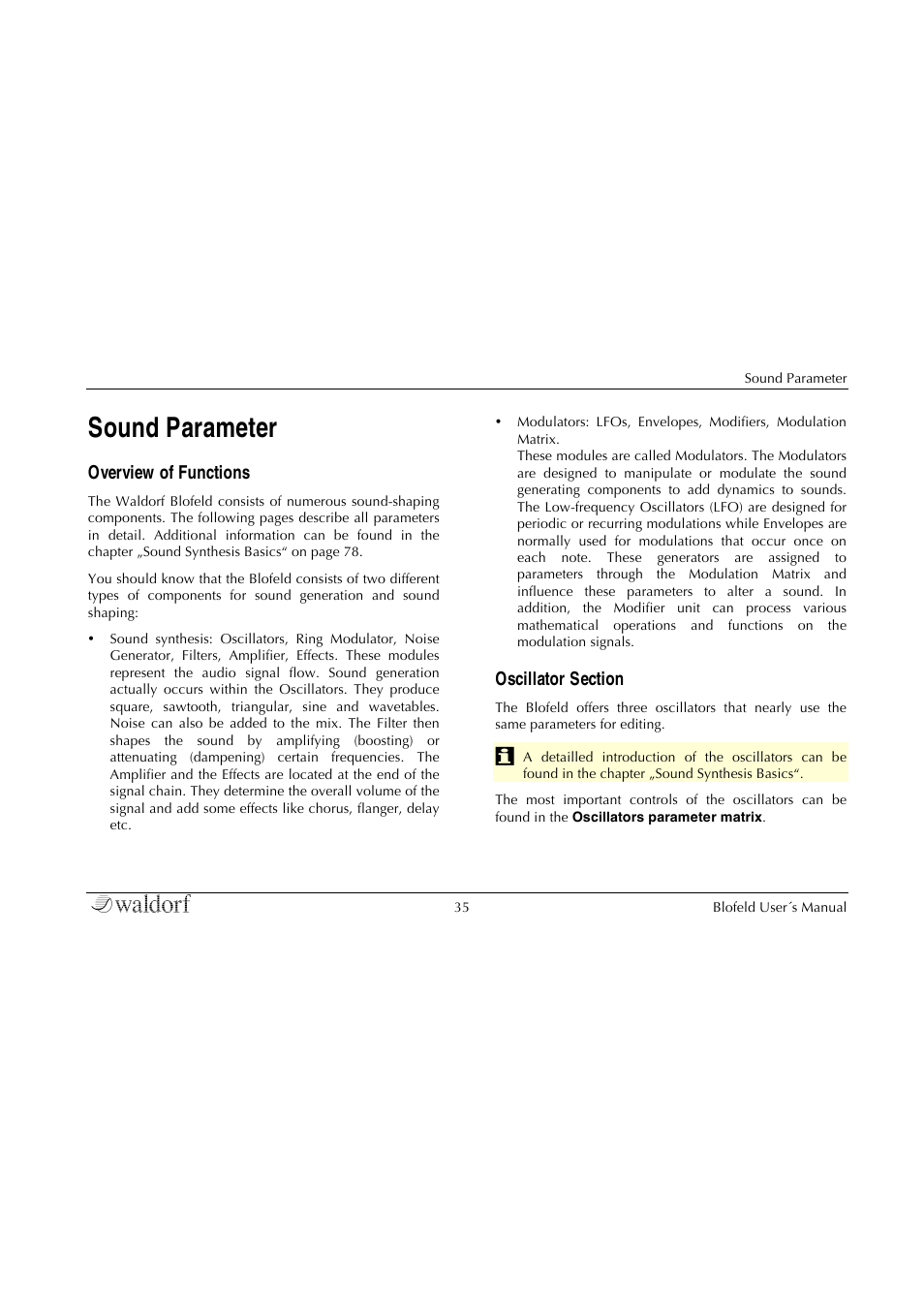 Sound parameter, Overview of functions, Oscillator section | Waldorf Blofeld Keyboard User Manual | Page 35 / 128