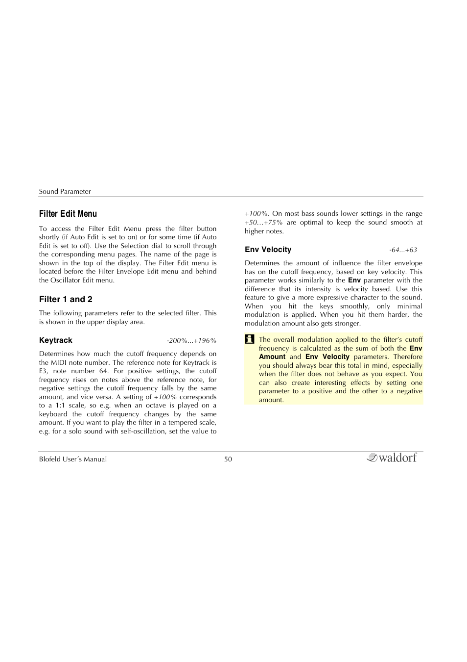 Filter edit menu | Waldorf Blofeld Keyboard User Manual | Page 50 / 128