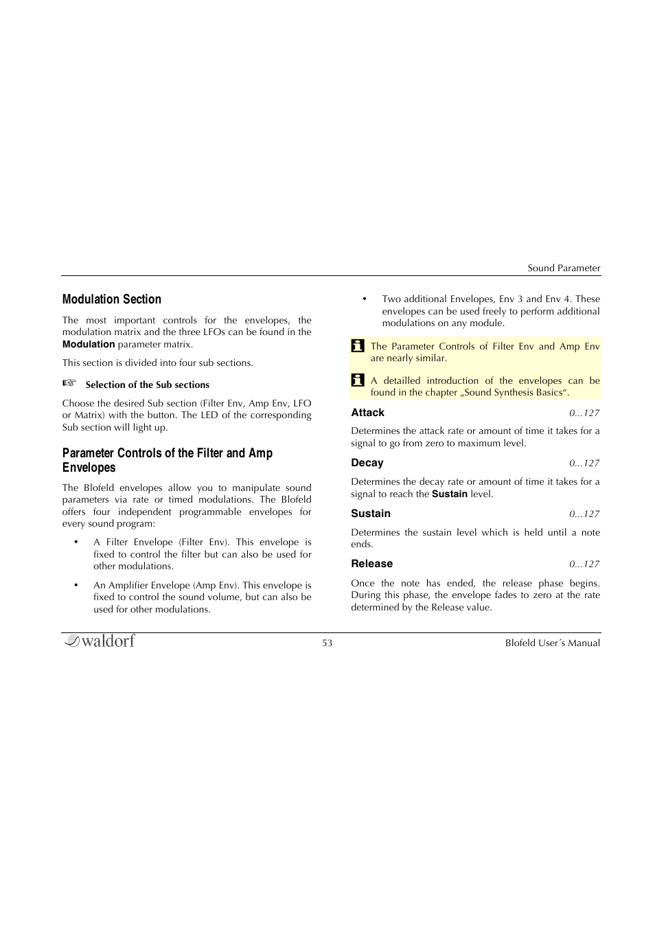 Modulation section, Parameter controls of the filter and ampenvelopes, Parameter controls of the filter and amp envelopes | Waldorf Blofeld Keyboard User Manual | Page 53 / 128