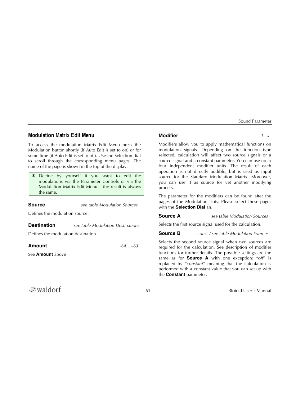 Modulation matrix edit menu, Modifier | Waldorf Blofeld Keyboard User Manual | Page 61 / 128