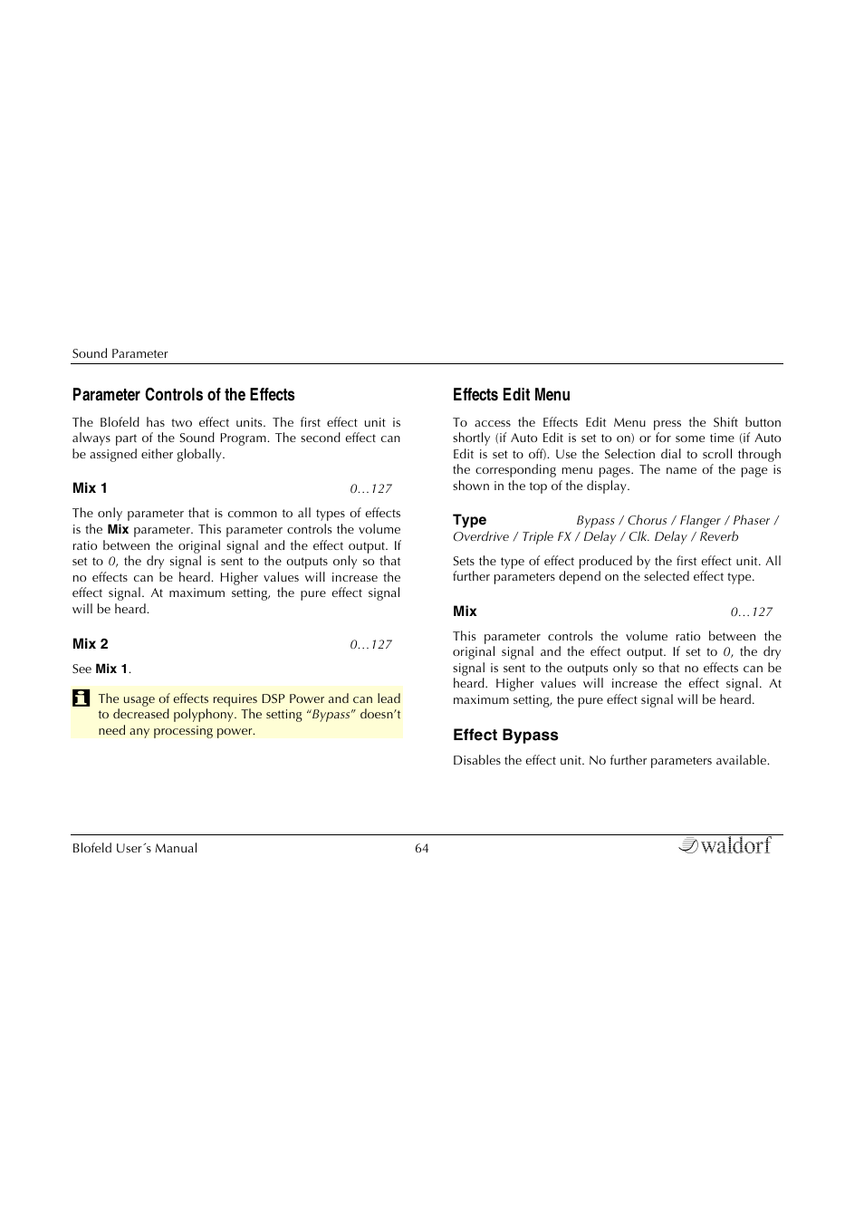 Parameter controls of the effects, Effects edit menu | Waldorf Blofeld Keyboard User Manual | Page 64 / 128