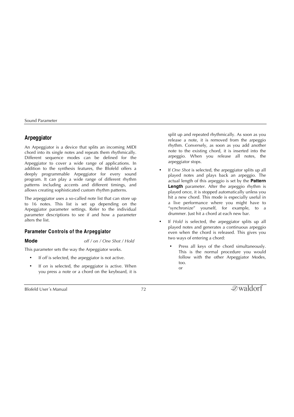 Arpeggiator, Parameter controls of the arpeggiator | Waldorf Blofeld Keyboard User Manual | Page 72 / 128