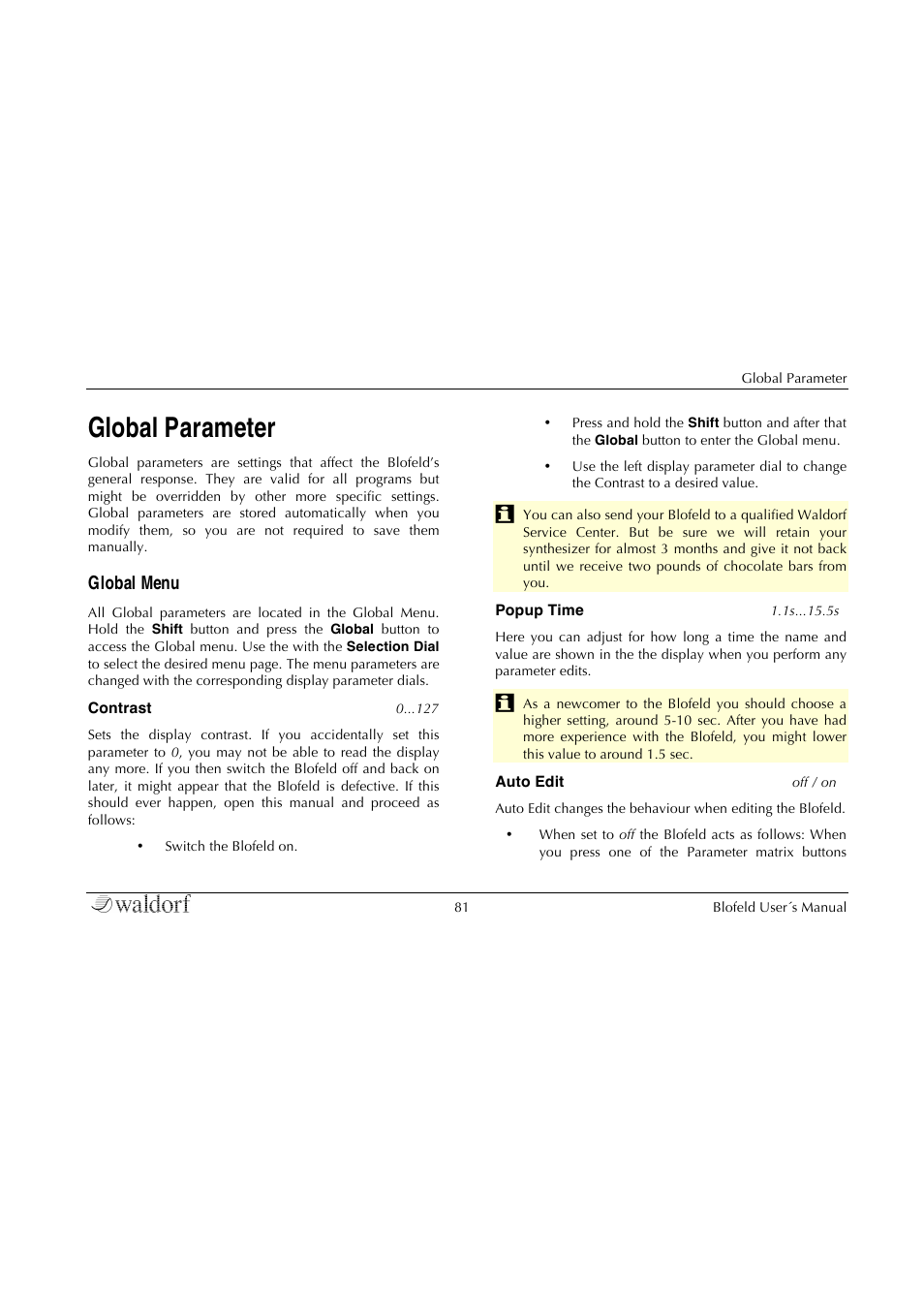 Global parameter, Global menu | Waldorf Blofeld Keyboard User Manual | Page 81 / 128