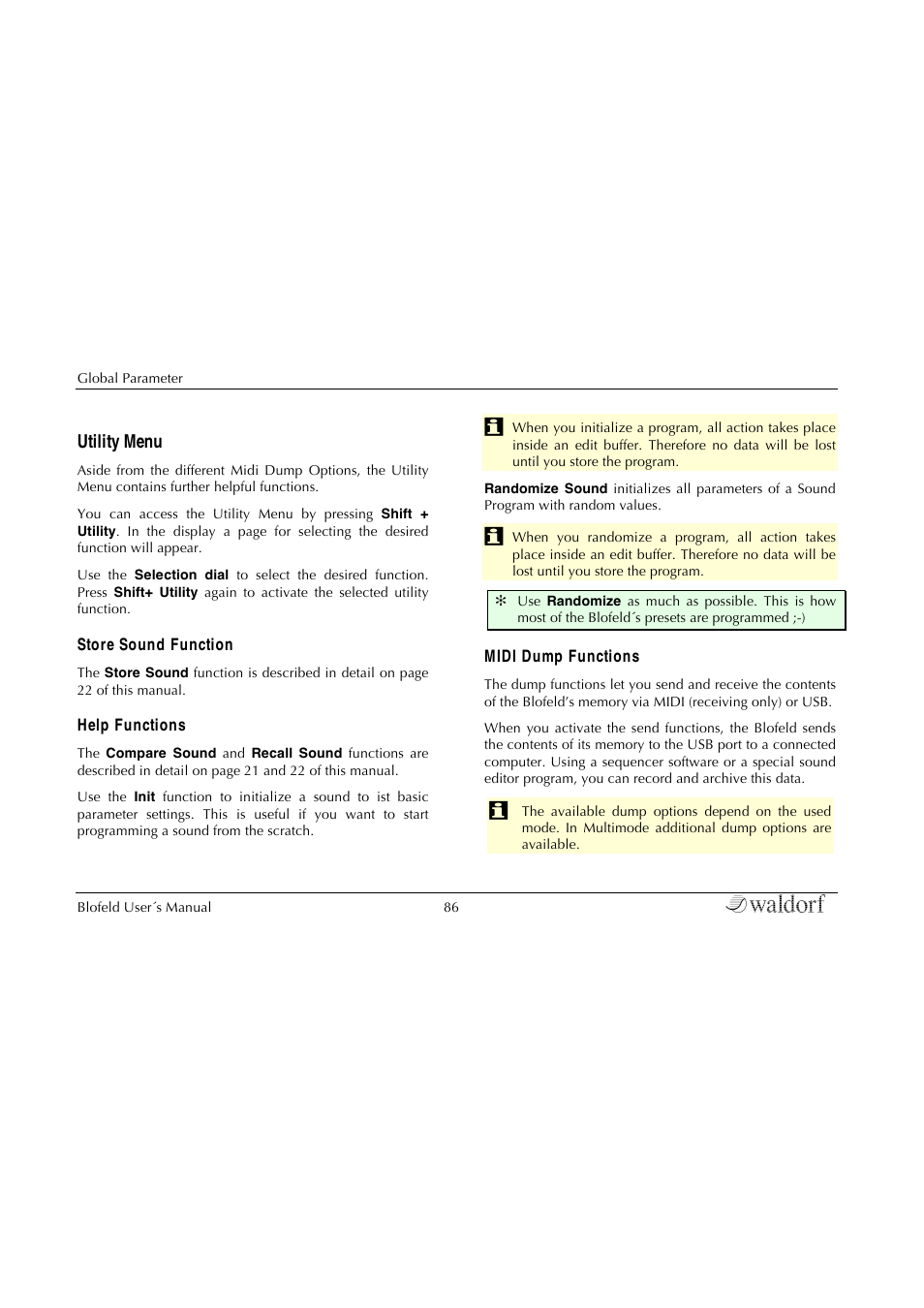 Utility menu | Waldorf Blofeld Keyboard User Manual | Page 86 / 128