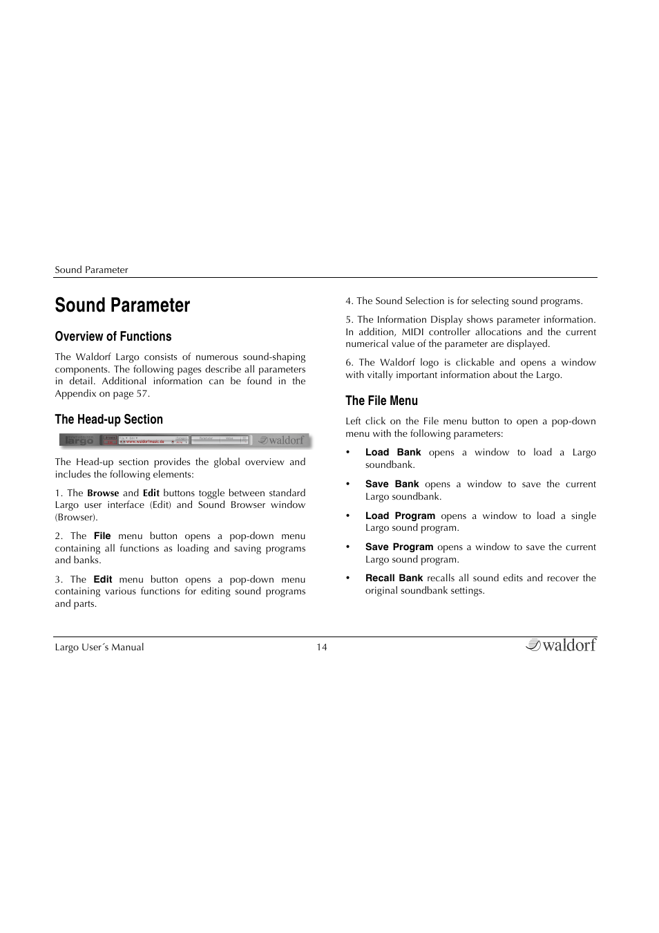 Sound parameter, Overview of functions, The head-up section | The file menu | Waldorf Largo User Manual | Page 14 / 99