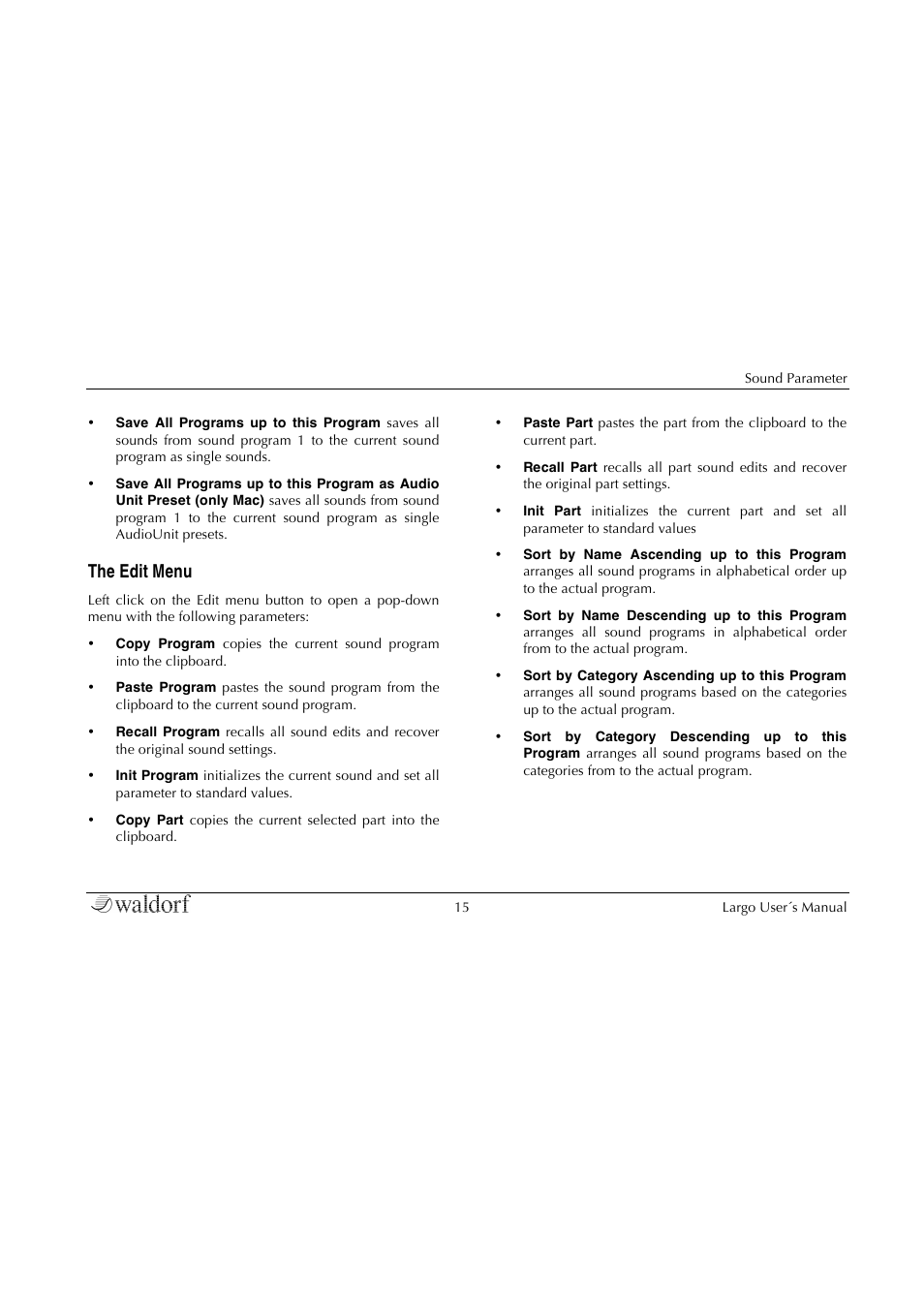The edit menu | Waldorf Largo User Manual | Page 15 / 99