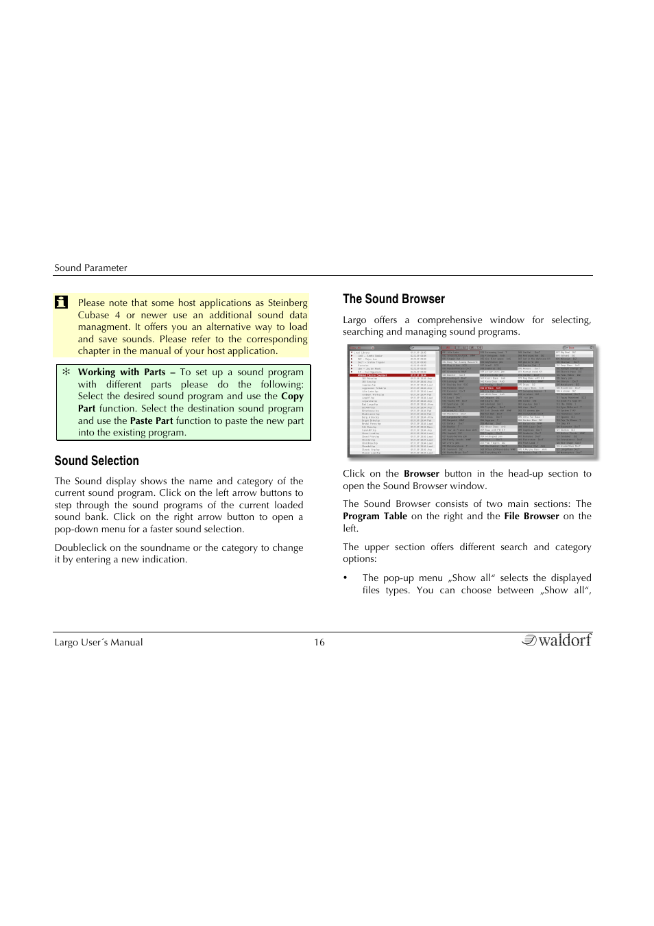 Sound selection, The sound browser | Waldorf Largo User Manual | Page 16 / 99