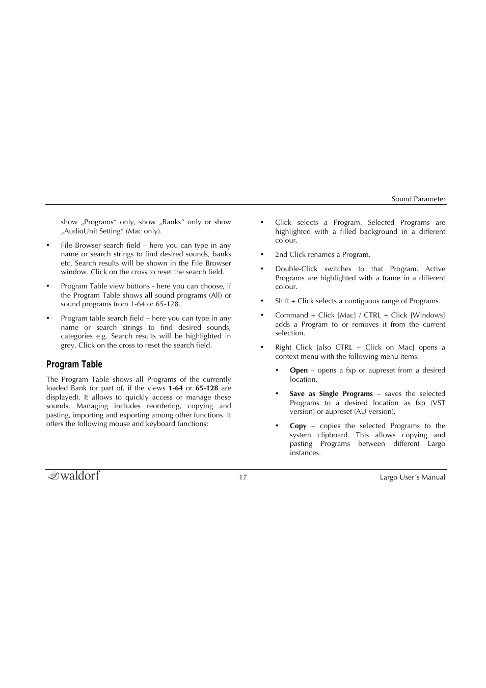Program table | Waldorf Largo User Manual | Page 17 / 99