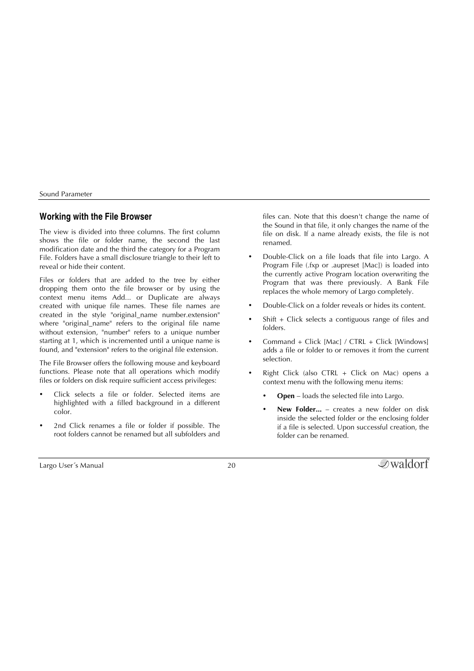 Working with the file browser | Waldorf Largo User Manual | Page 20 / 99