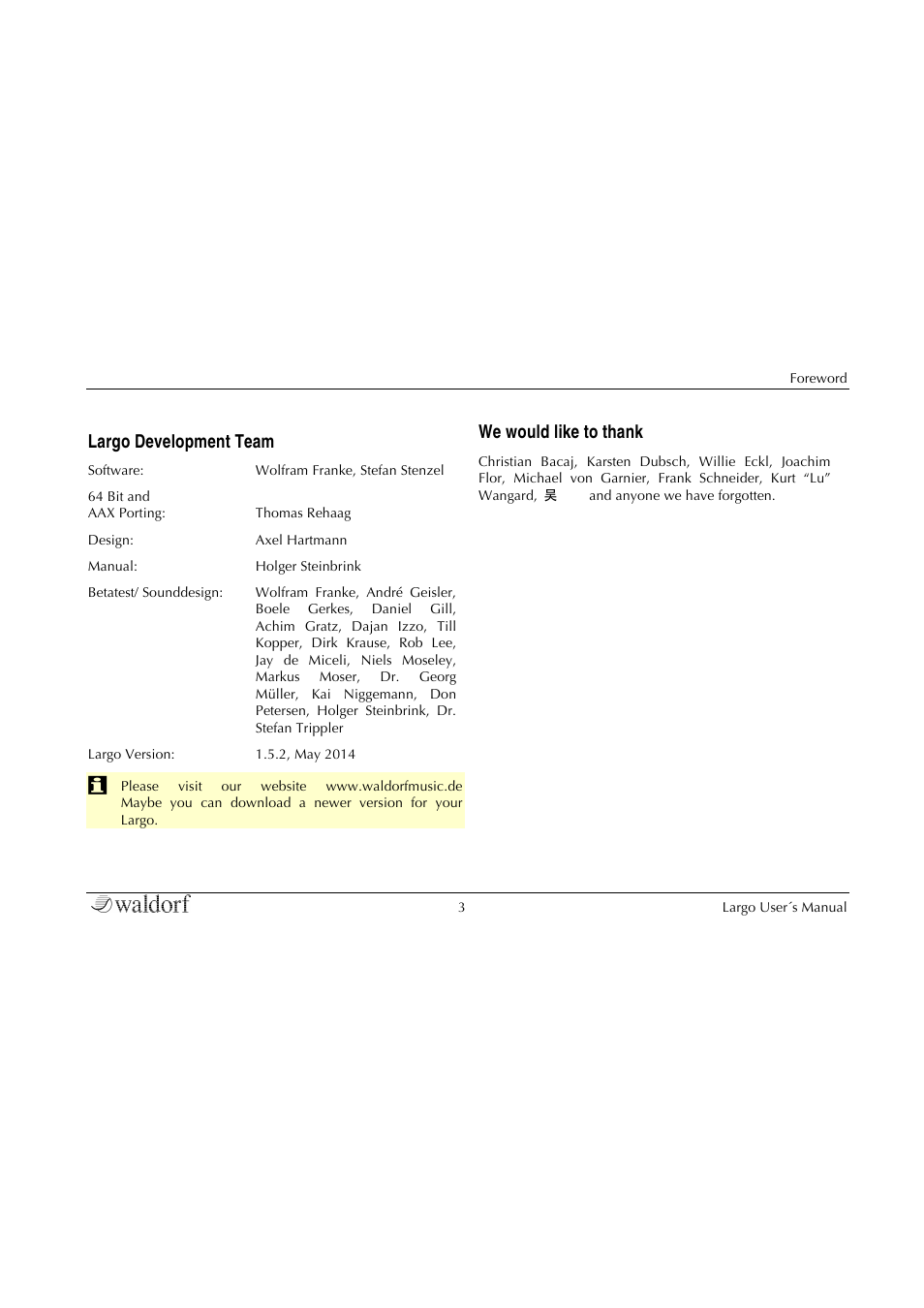 Largo development team | Waldorf Largo User Manual | Page 3 / 99
