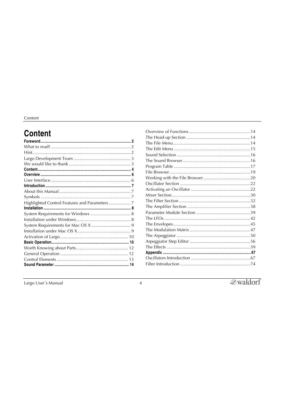 Content | Waldorf Largo User Manual | Page 4 / 99