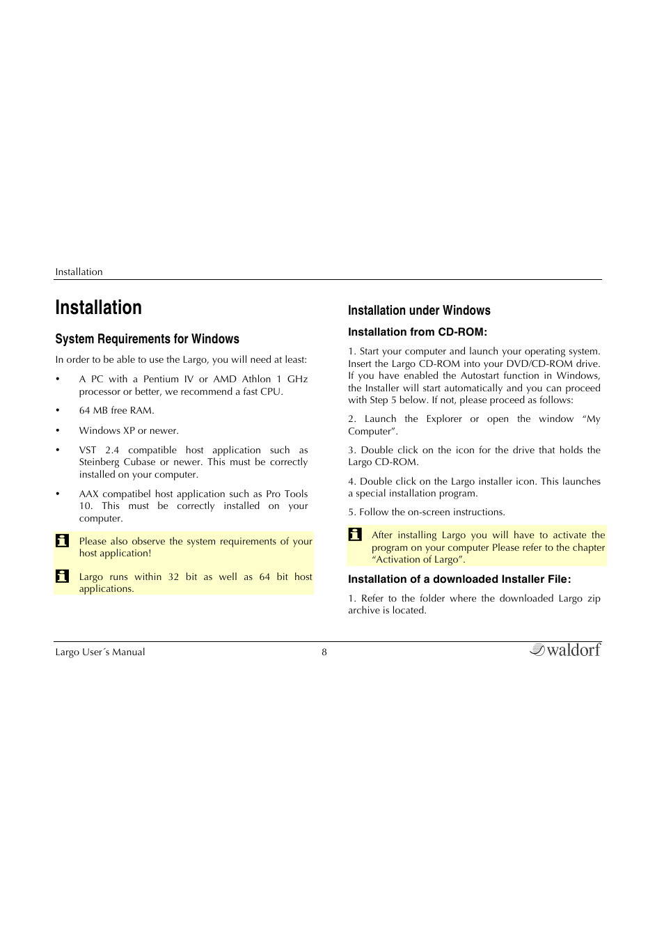 Installation, System requirements for windows, Installation under windows | Waldorf Largo User Manual | Page 8 / 99