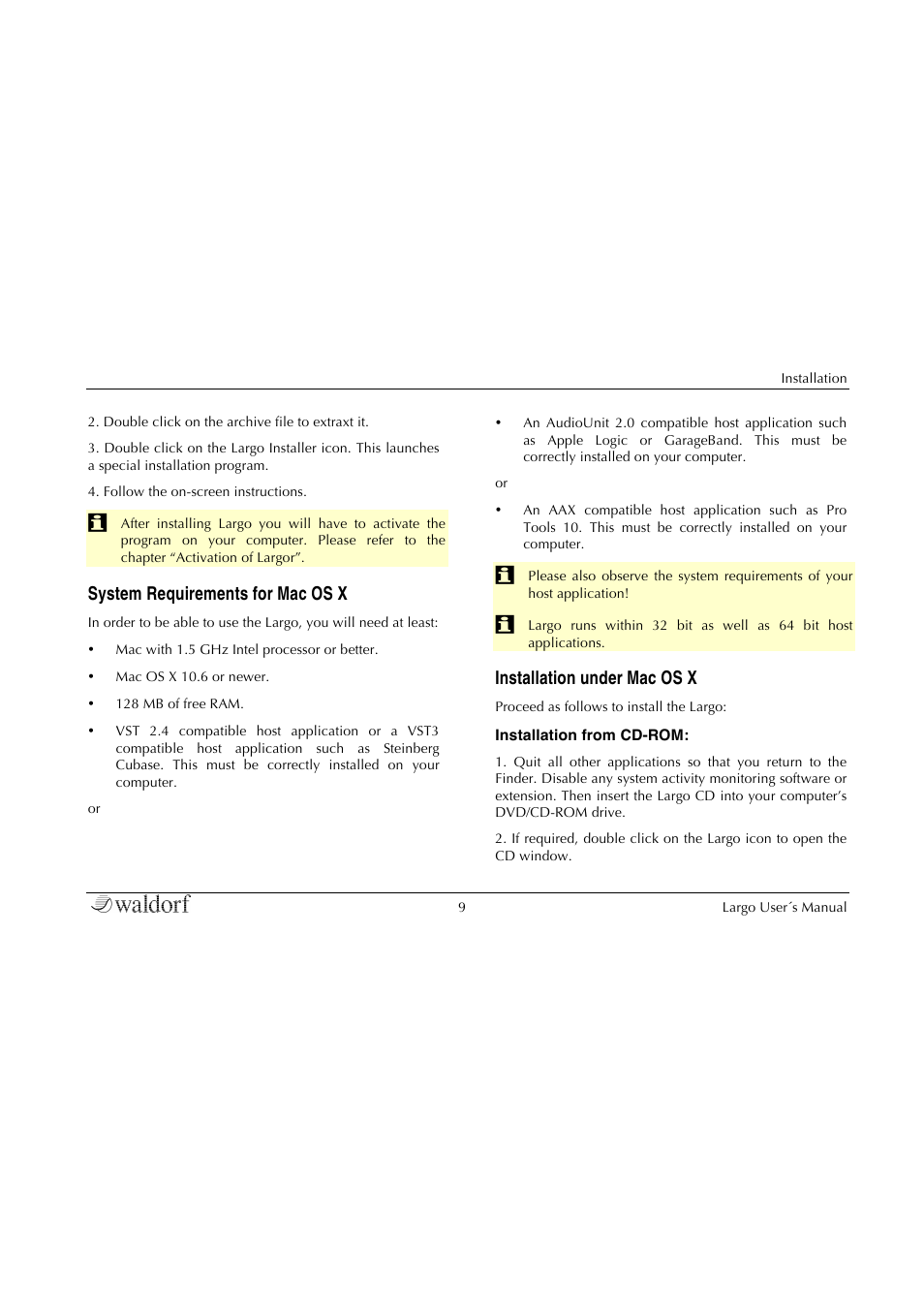System requirements for mac os x, Installation under mac os x | Waldorf Largo User Manual | Page 9 / 99