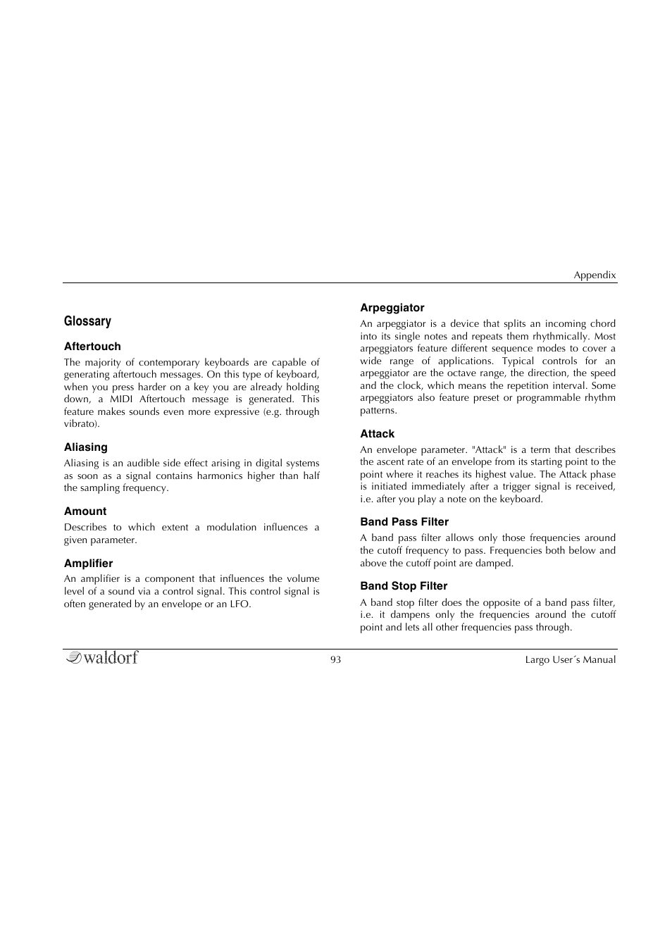 Glossary | Waldorf Largo User Manual | Page 93 / 99
