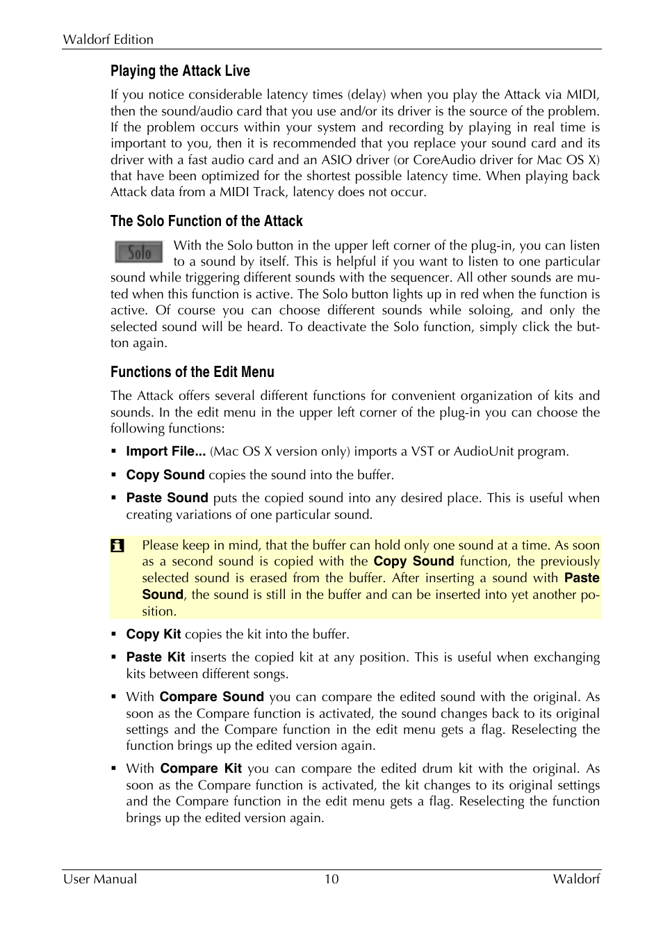 Playing the attack l, The solo function of the attack, Functions of the edit menu | Waldorf Edition User Manual | Page 10 / 88