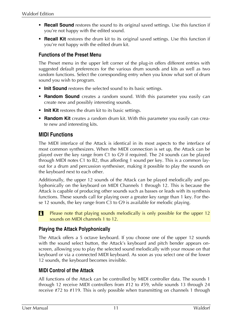 Functions of the preset menu, Midi functions, Playing the attack polyphonically | Midi control of the attack | Waldorf Edition User Manual | Page 11 / 88