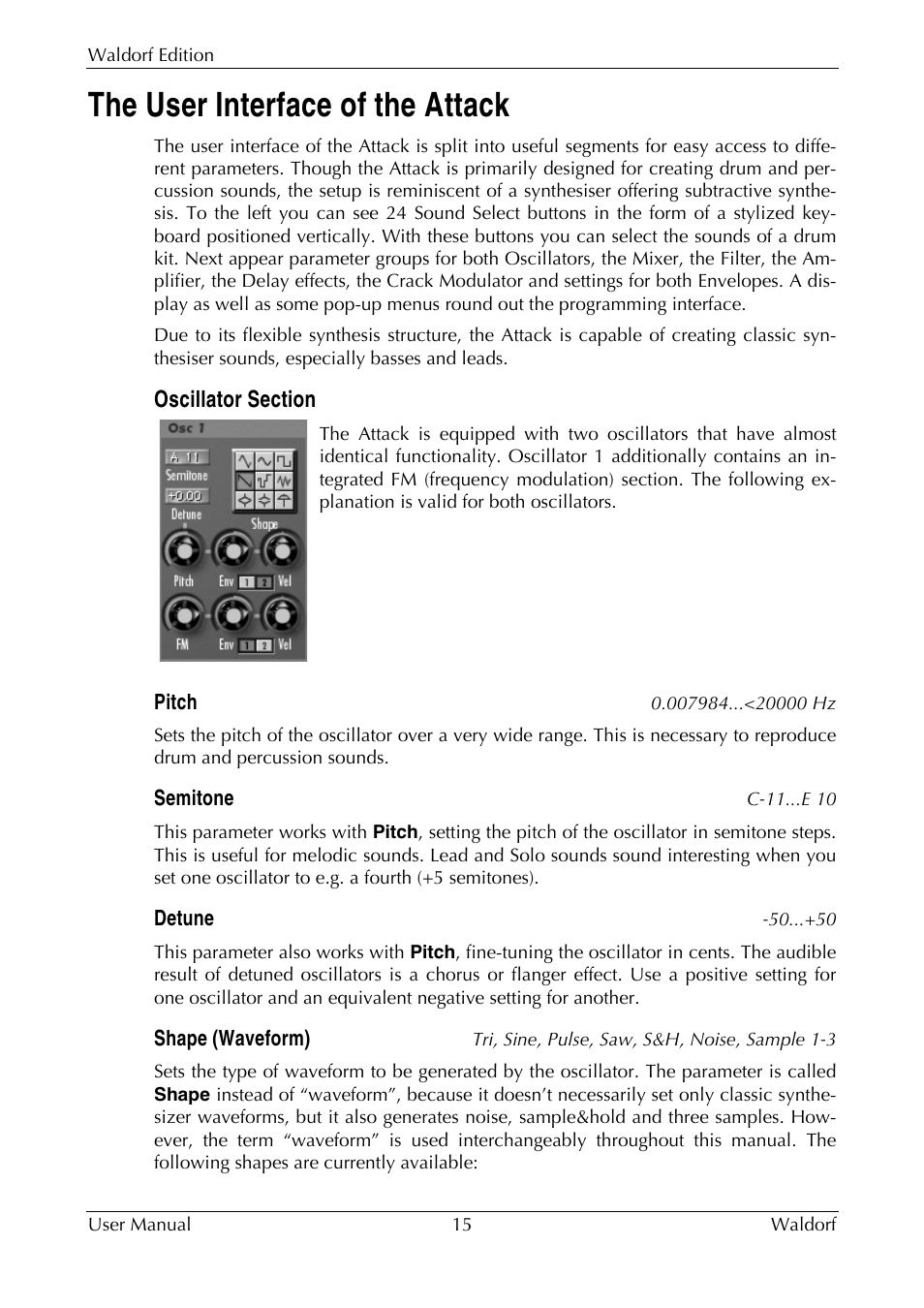 The user interface of the attack, Oscillator section | Waldorf Edition User Manual | Page 15 / 88